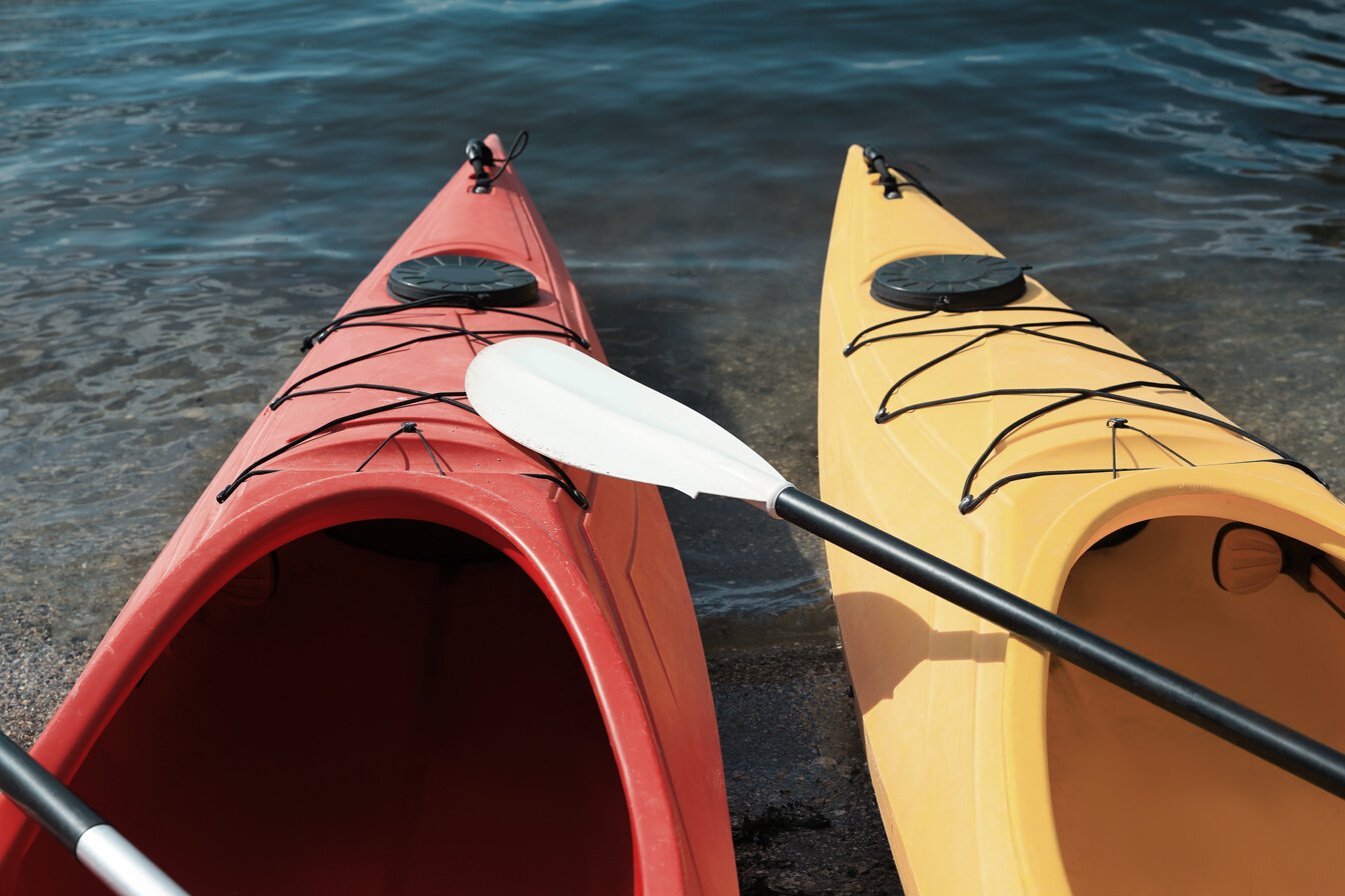 Modern Kayaks with Paddle on River, Closeup. Summer Camp Activit